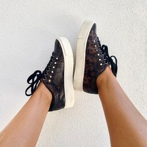 JOIE Black + Brown Snakeskin Leather Platform Sneakers || Size 37.5 ||